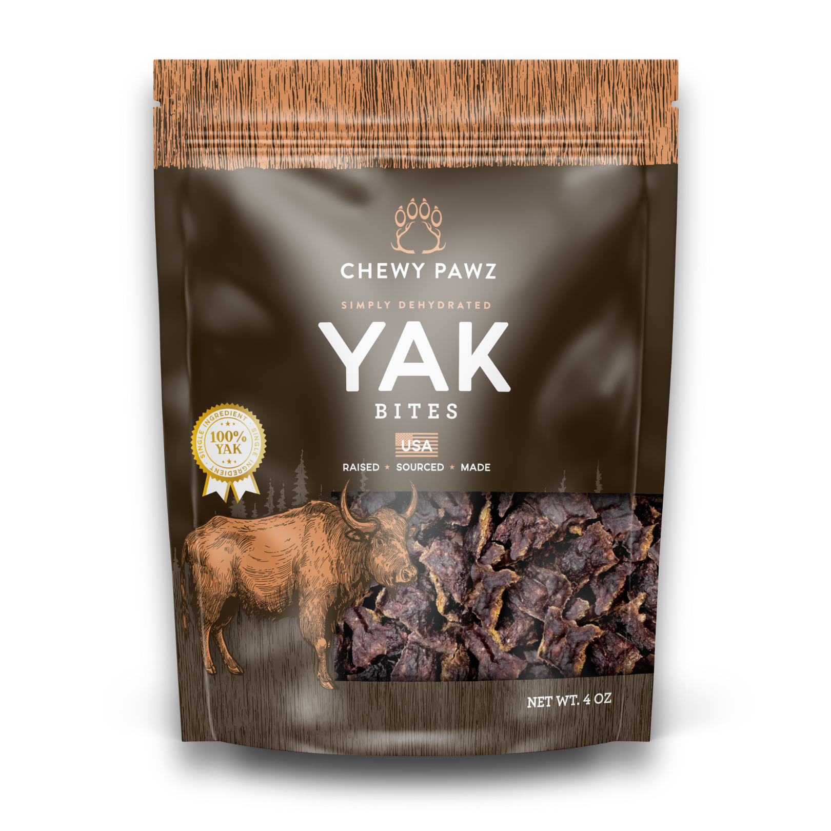 Package of Chewy Pawz Yak Bites on a white background