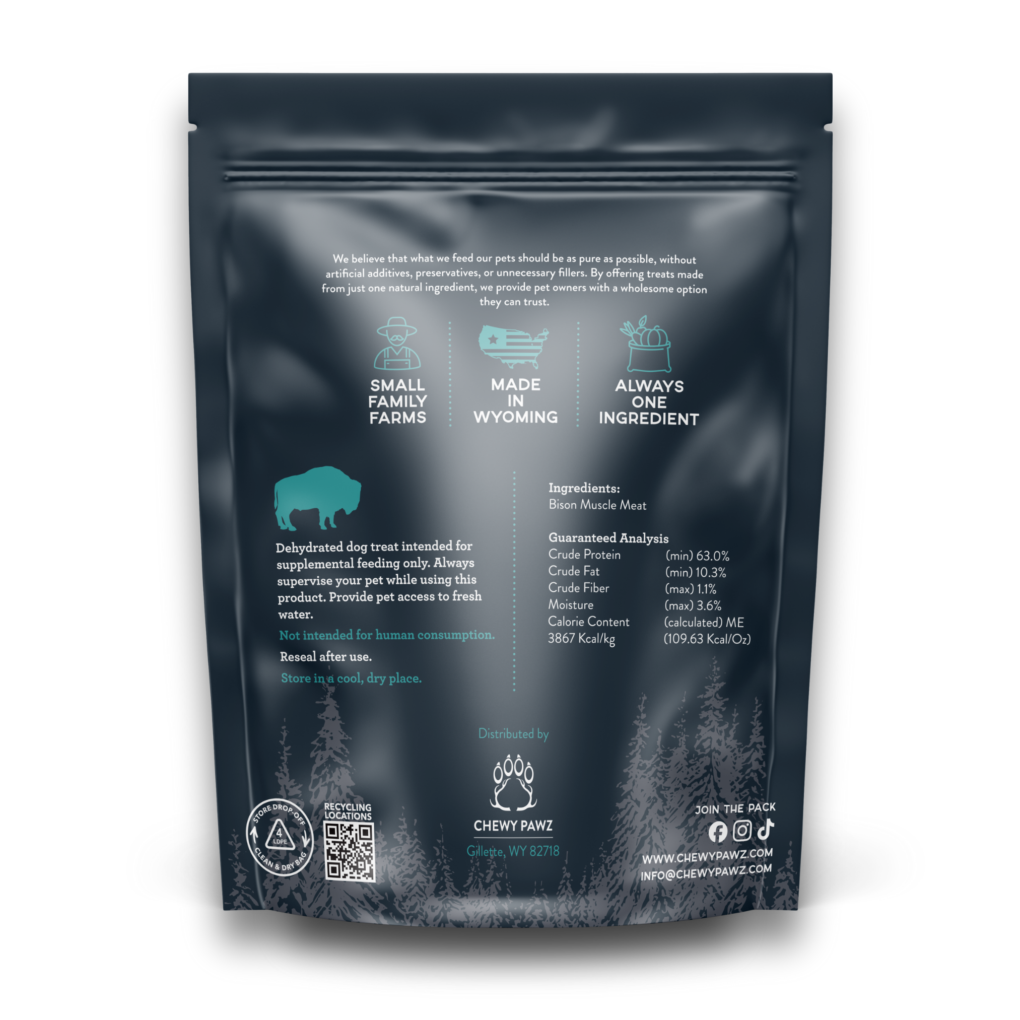 Back side of blue bison bite treat bag showing nutritional information