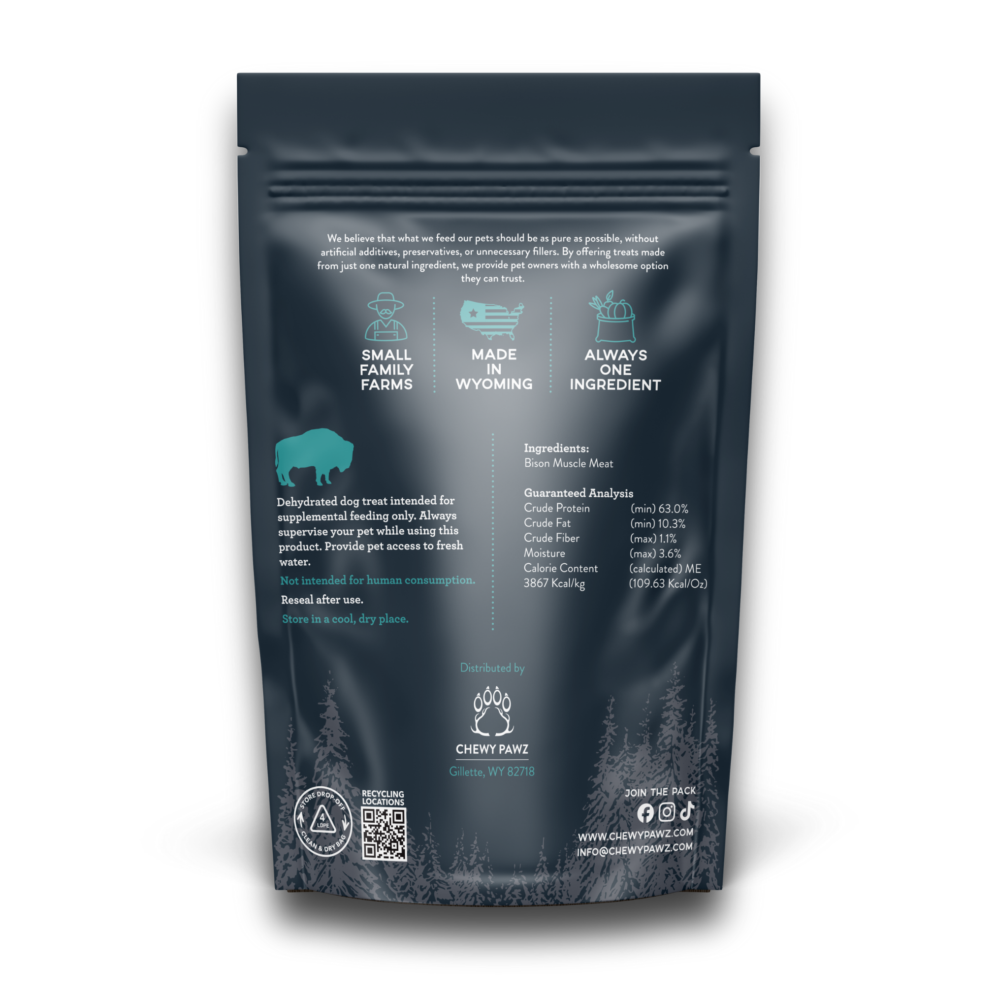 Back side of blue bison treat bag showing nutritional information