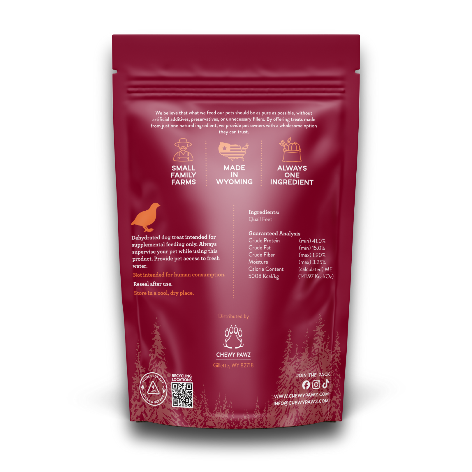 Back side of red quail feet treat bag showing nutritional information