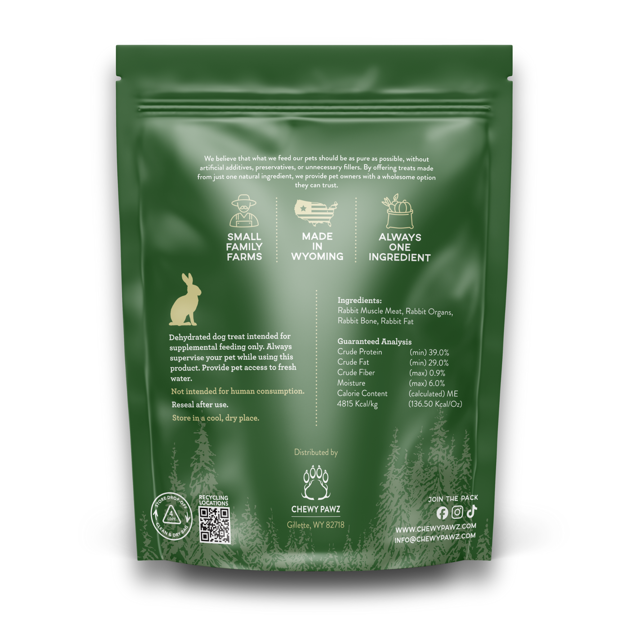 Back side of green rabbit bite treat bag showing nutritional information