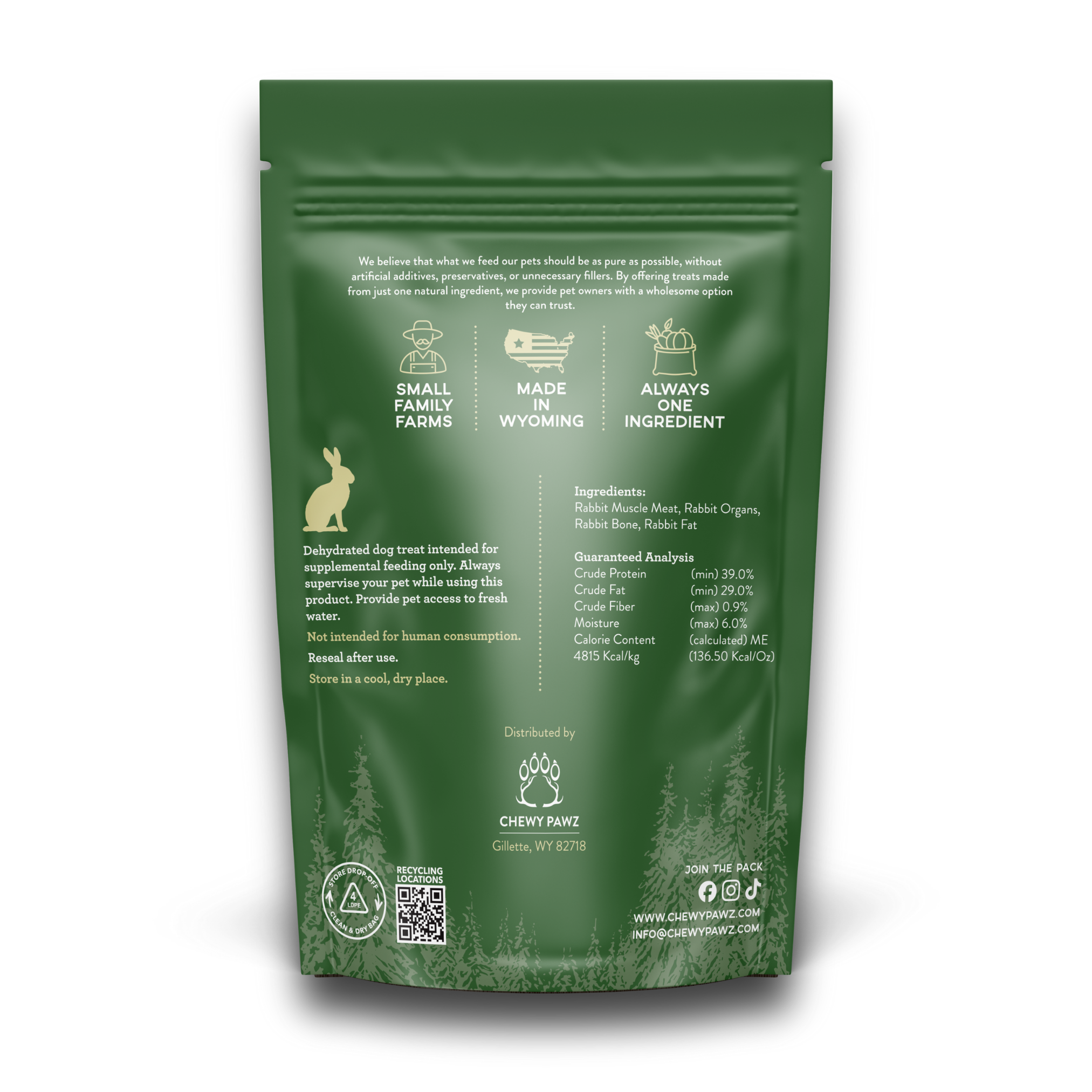 Back side of green rabbit treat treat bag showing nutritional information