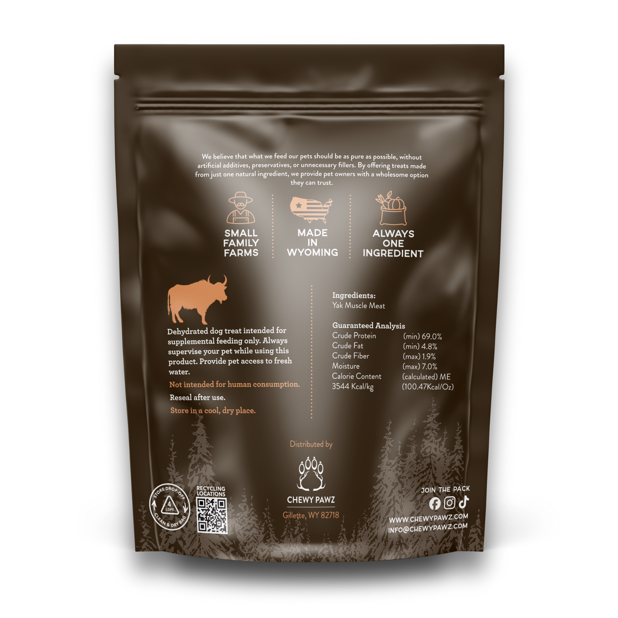 Back side of brown yak bite treat bag showing nutritional information