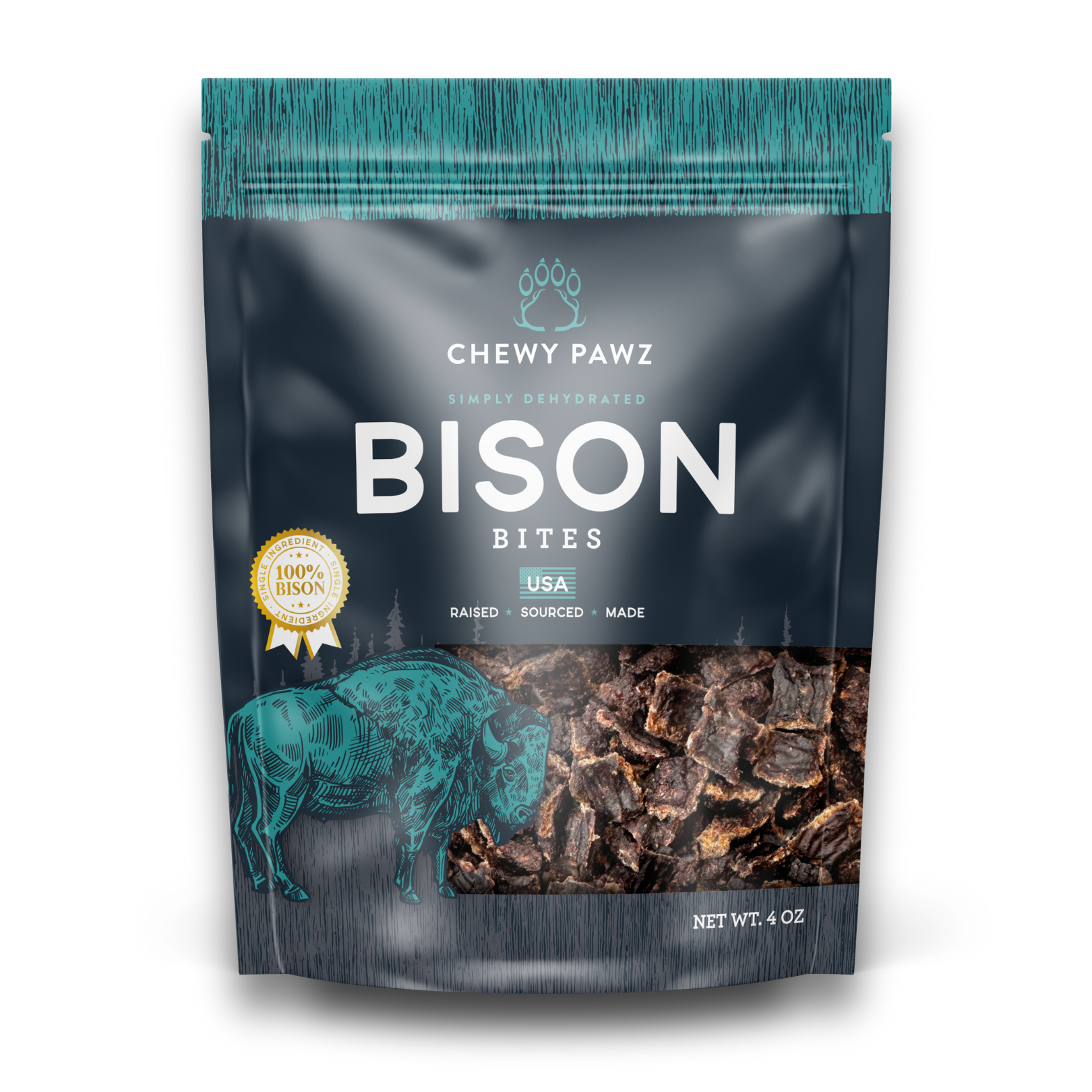 Package of Chewy Pawz Bison Bites on a white background