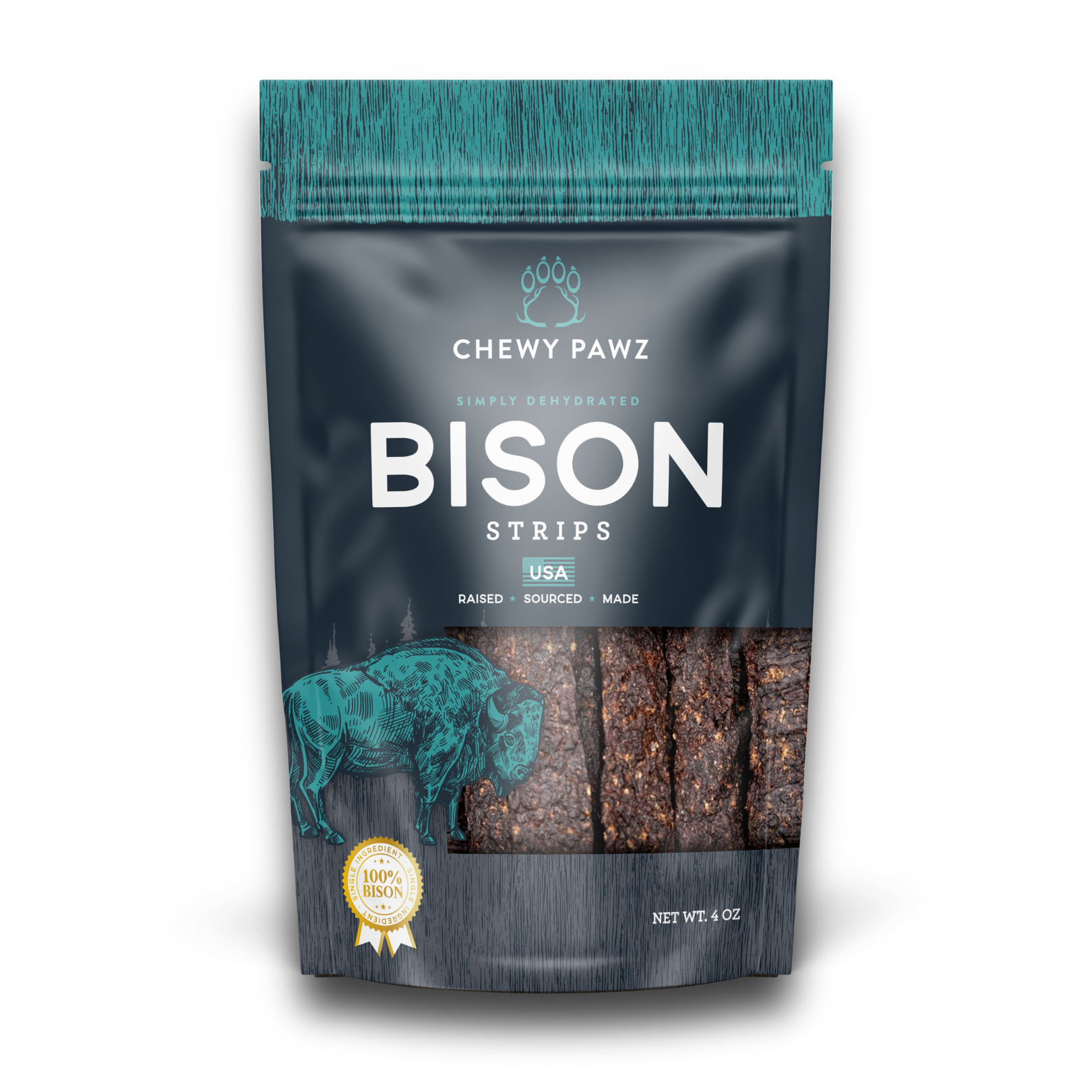 Package of Chewy Pawz Bison Strips on a white background