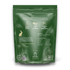 Back side of green rabbit bite treat bag showing nutritional information